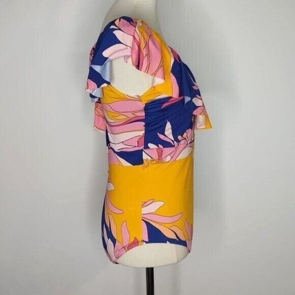 Trina Turk  One Piece Swimsuit 14 Breeze Ruffle V-Neck Plunge Tropical NEW - Picture 6 of 9